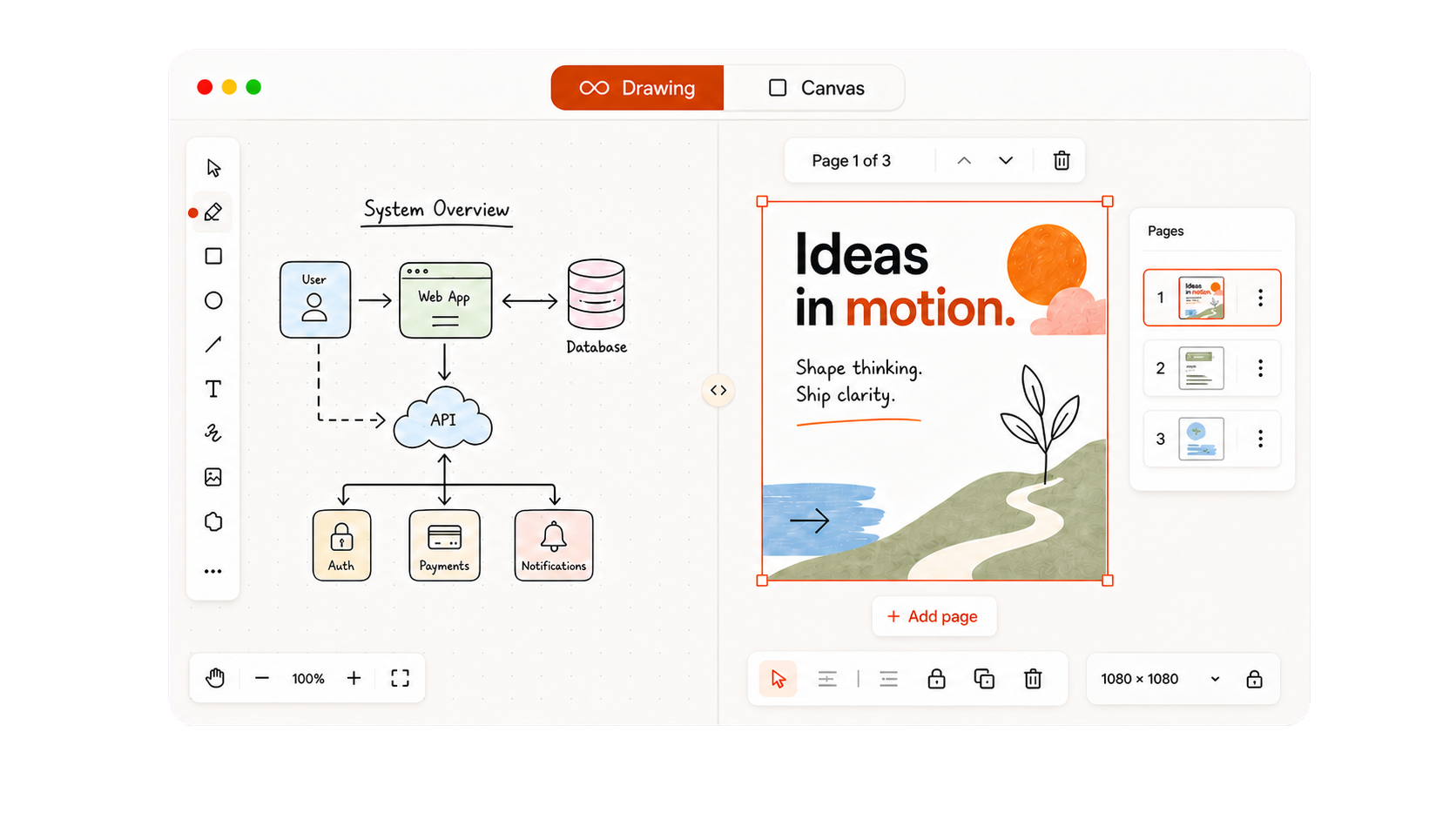 Drawvera showing an infinite drawing beside a multi-page canvas design